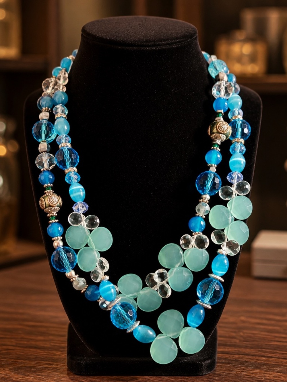 Elegant chalacyone & Blue Multi-Strand Beaded Necklace - Women Jewelry